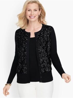 Talbots Black Sequin Front Button Cardigan
